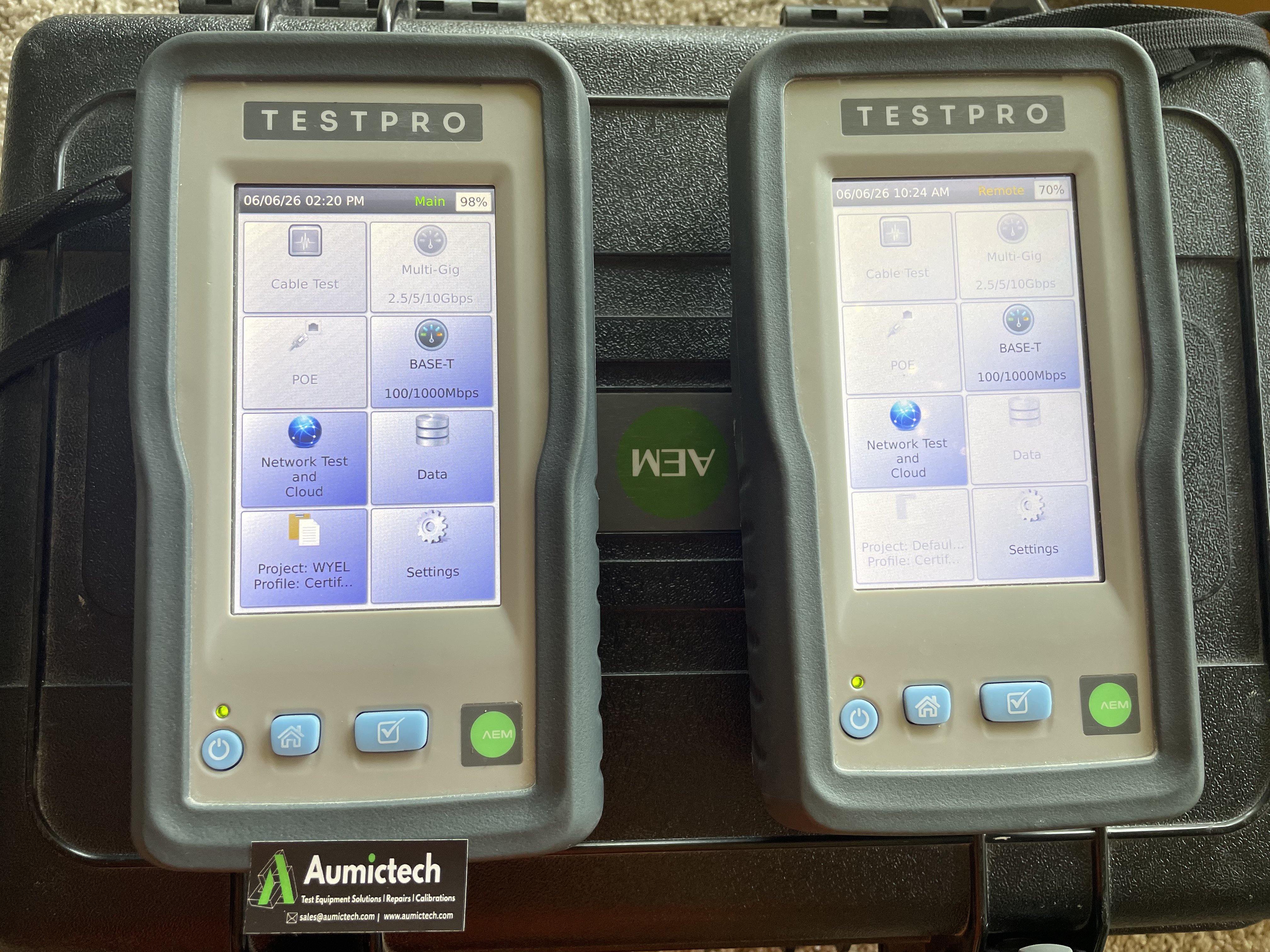 AEM TestPro CV100 New AEM TestPro CV100 multifunction Cable Certifier — New and used available. Comes with carrying case, channel adapter, Cat 6A adapter, Single mode adapter, Multi mode adapter, permanent life adapter carrying straps and connectors.